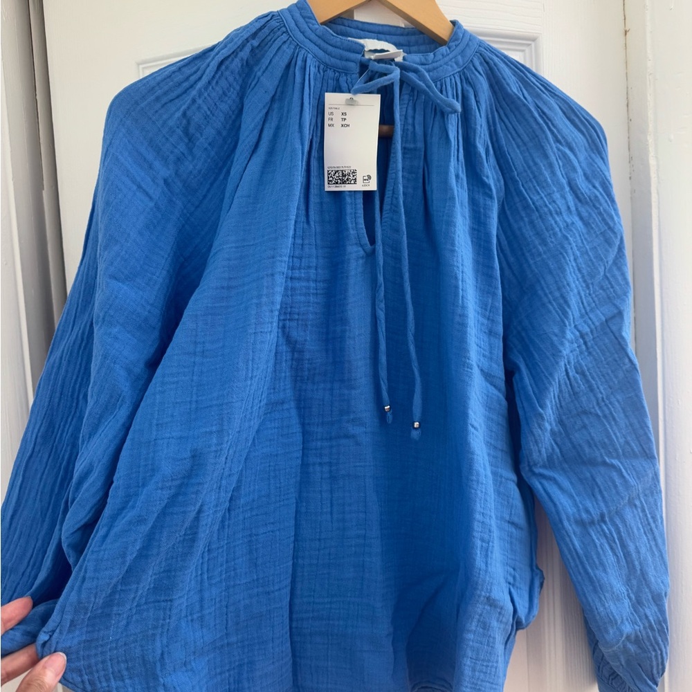 H&M Blue Muslin Tie Front Blouse - Picture 5 of 9